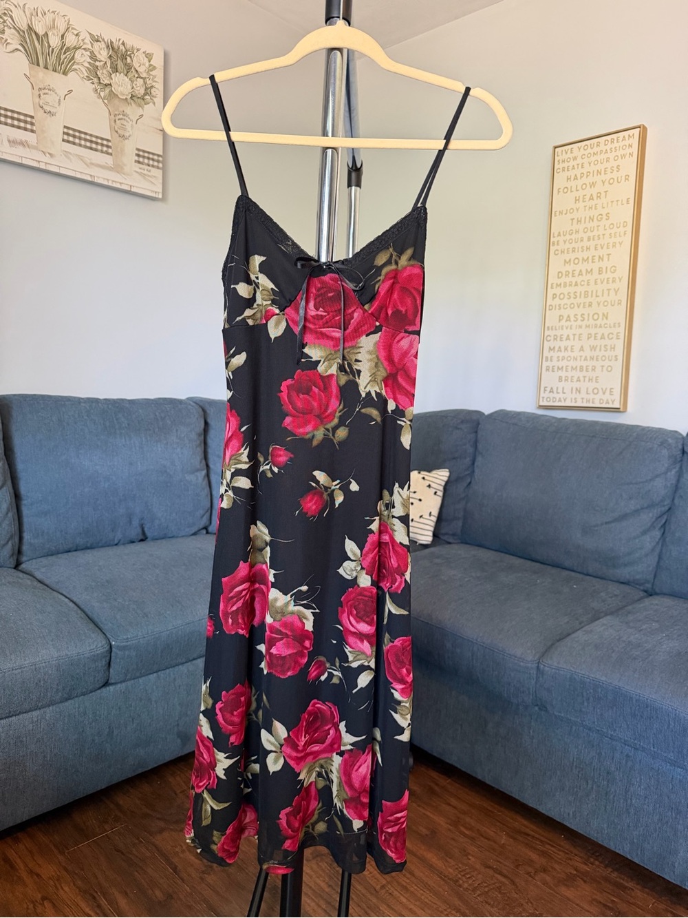 Vibe Black Slip Midi Dress with Rose Print